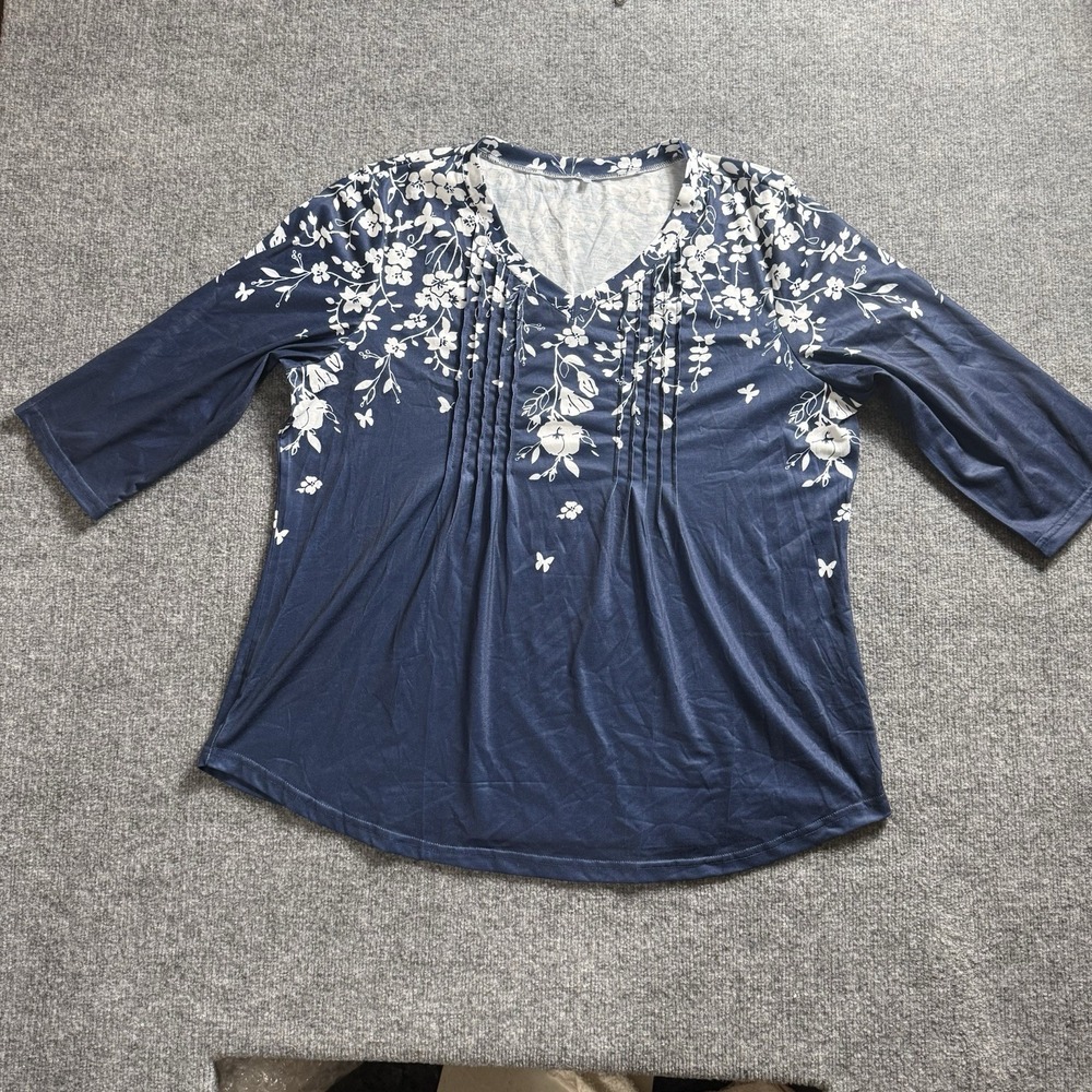 Womens Size Navy Blue Floral Print 3/4 Sleeve Pleated V-Neck Tunic Blouse Top⁠
